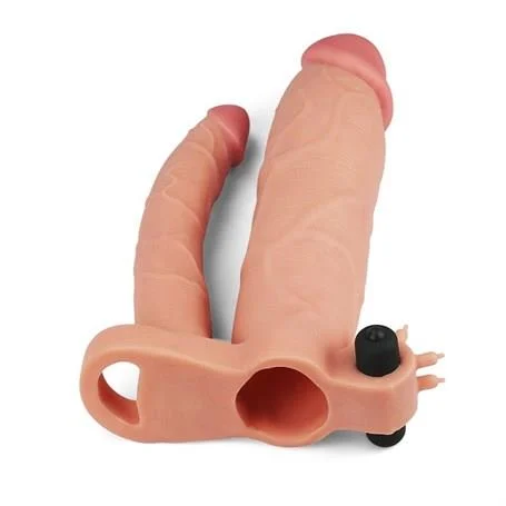 7,5 cm Uzatmalı Çiftli İçi Boş Titreşimli 21 cm Çatal Dildo Penis Kılıfı - Görsel 2