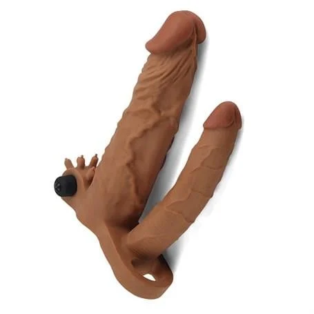 5 cm Uzatmalı Çiftli İçi Boş Titreşimli 19 cm Çatal Dildo Melez Penis Kılıfı - Görsel 2
