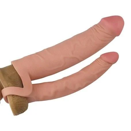 5 cm Uzatmalı Çiftli İçi Boş Testis Kavramalı 20 cm Çatal Dildo Penis Kılıfı - Görsel 4