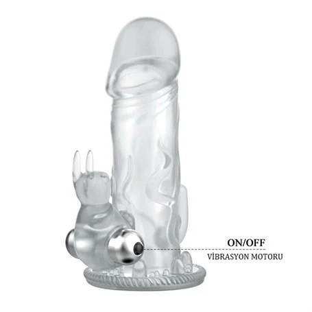 12,5 cm Klitoral Uyarıcılı Tavşan Titreşimli Şeffaf Penis Kılıfı - Görsel 3